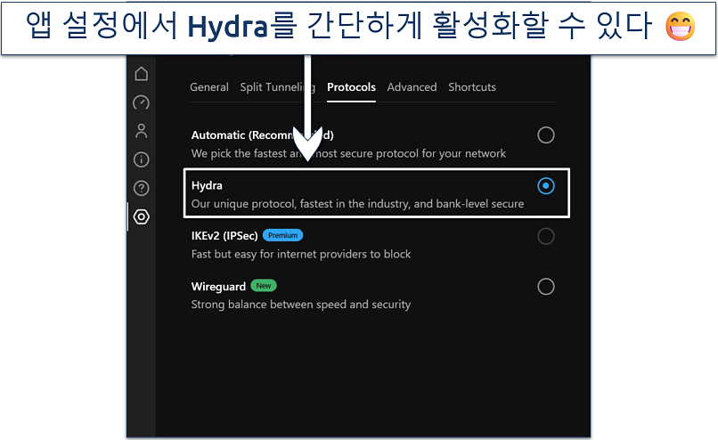 Screenshot showing how to enable Hydra protocol