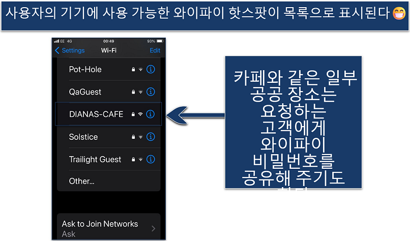 Screenshot showing the available WiFi hotspots on an iPhone