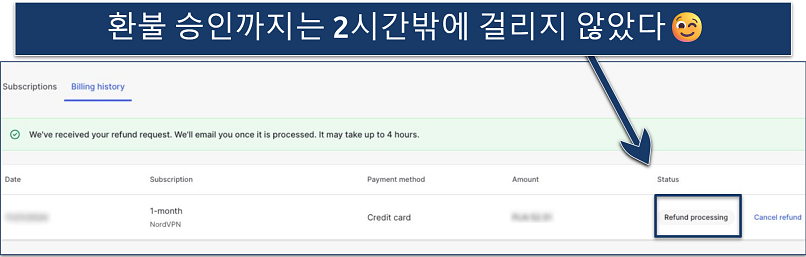Screenshot of the NordVPN personal dashboard with the Refund processing message