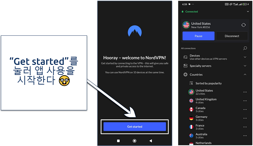 Screenshots of the trial setup completion and the NordVPN app connected