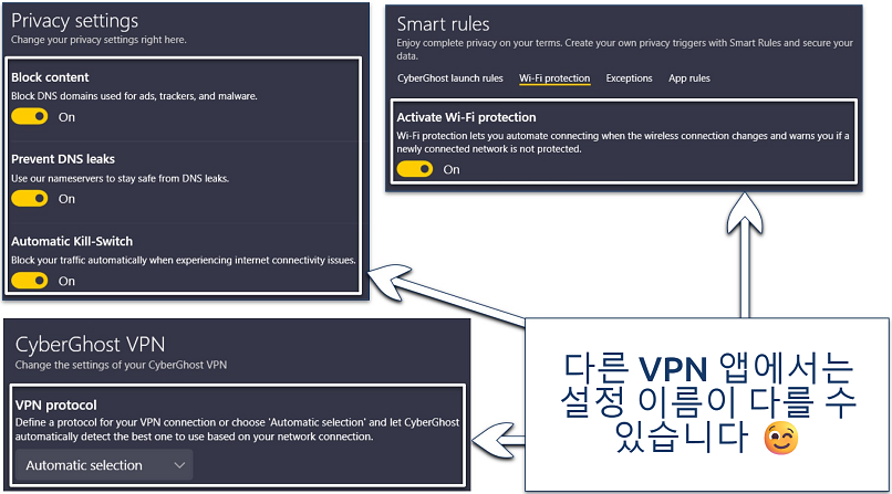 Screenshots of CyberGhost’s Windows app showing its various security-related settings